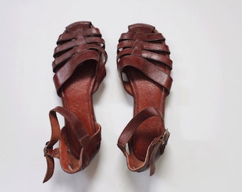 Vintage 1980s Sandals | Brown Leather Sandals | Cut Out Sandals | Brown Wedges | Huarache Sandals | 6