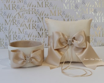 Ring Bearer Pillow and Flower Girl Basket Set - (Ivory & Champange Gold)