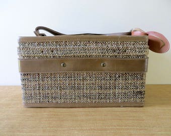 Vintage Hartmann Tweed Train Case - Tan Leather Brass Accents - Paisley Interior - Cosmetic Case