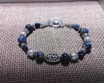 Blue, Pearl and silver beaded bracelet; handmade; toggle clasp