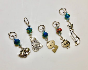 Cat pendant beaded stitch markers (set of 5)