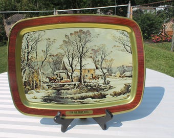 Currier & Ives Serving Tray Titled "The Old Grist Mill"