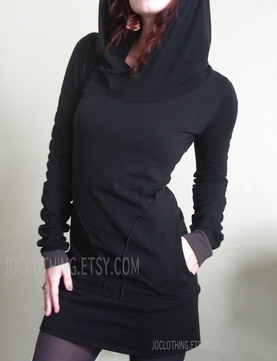 hooded tunic dress with pockets Black/Cement cuffs
