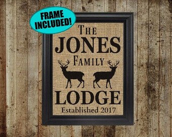 Framed Burlap Print - Lodge Decor - Lodge Sign - Hunting Lodge Decor - Hunting Gifts - Hunting Decor - Deer Decor - Personalized Lodge Sign