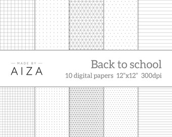 Black and white School exercise book paper, grid paper, isometric paper, dotted paper, lined paper – Pack of 10 - instant download 12x12"