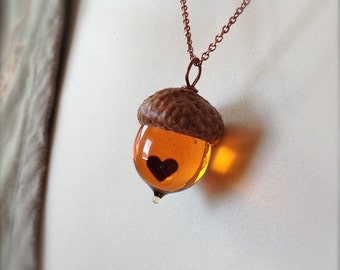 Glass Acorn Necklace in Topaz with Encased Copper Heart by Bullseyebeads
