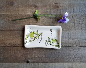 Mini insect tray, hand drawn praying mantis dish, small spoon rest, home decor.