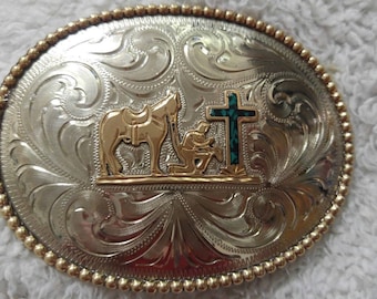 Praying Cowboy Belt Buckle Inlaid Turquoise Hand Engraved Nickel Silver 1 1/2"