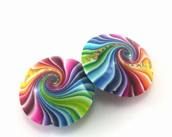 Polymer Clay beads in rainbow colors, 2 swirl lentil beads, colorful swirl lentil beads with gold, beads for jewelry making