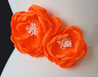 Wedding Gown Orange Sash Flowers, Bridesmaid Hair Clips, Wedding Hair Piece - Sash Accessories In Neon Orange Chiffon