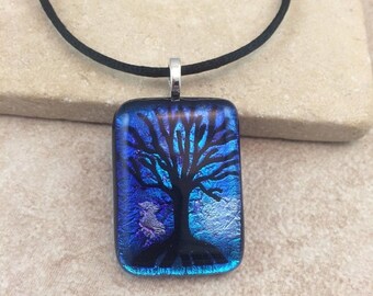 ON SALE Tree of Life Necklace, Blue Dichroic Pendant, Fused Glass Jewelry, Dichroic Glass Jewelry, Dichroic Pendant Necklace - HEA404