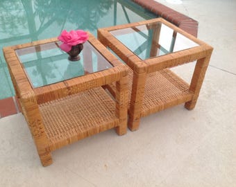 WOVEN RATTAN Side Tables / Hollywood Regency /17 3/4"x 17 3/4" x 16" tall / Billy Baldwin Style / Coastal Cottage Style at Retro Daisy Girl