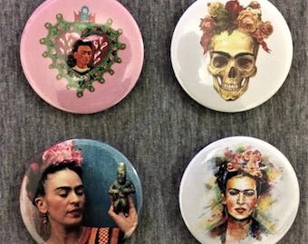FRIDA KAHLO Set of 4 Pinbacks Buttons 2.25" Pins Badges Mexican Folk Artist Painter