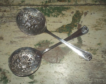2 Vintage EPNS Sheffield England Repousse Serving Spoons EL Eisenberg-Lozano Ornate Fruit Silverplate