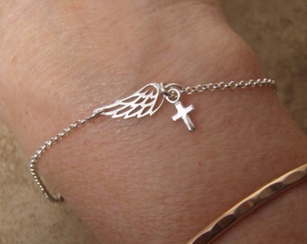 Silver wing bracelet - Tiny cross bracelet - Angel wing - Dainty sterling silver bracelet - Inspirational bracelet