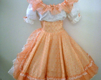 Vintage 70s PEACH Organza Square Dance Dress with White Lace Inset - Orange - ish Peach Swing Dress with Circle Skirt - Size Medium 12