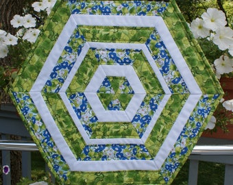 Quilted Table Topper, Green & Blue Table Topper, Hexagon Table Topper, Morning Glories Table Topper, Hostess Gift, Teacher Gift