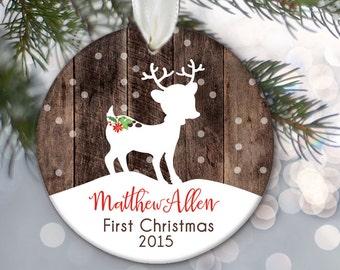 Deer Ornament, Boy Baby's First Christmas Ornament, Personalized Woodland Deer Stag Baby ornament, Fawn, Baby boy gift, Faux fake Wood OR373