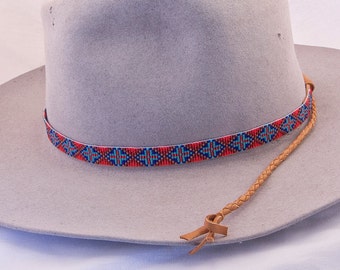Geometric Design Beaded Hatband in Colors of Reds, Blues and Dark Gold. This Celtic Cross Design Looks Great with Cowboy Felt and Staw Hats