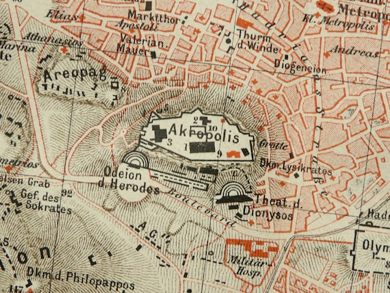 1897 antiken Stadtplan von Athen. 120 Jahre alt-Diagramm