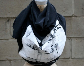 Black Silk Scarf, Industrial Print, Autumn Scarves/Large Scarves