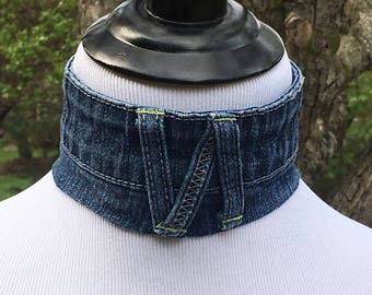 Handmade Denim Choker, Denim Choker, Upcycled Denim, Upcycled Jeans, Denim Looped Choker with T Shirt Ties, Blue Jean Choker, Denim Necklace