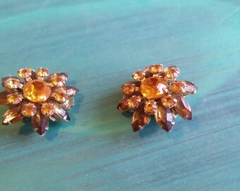Vintage Amber Rhinestone Clip On Earrings