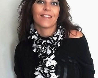 Women Scarf, Winter Shawl, Boho Scarf, Crochet Scarf, Knitted Shawl, Warm Scarf, Girlfriend Gift, Black And White Scarf, Wife Gift