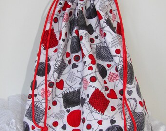 Yarn Project Bag - Red, Gray & White Squared Bottom