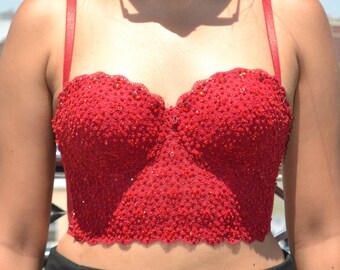 Beaded half bustier corset longline bra top in all-red color free shipping