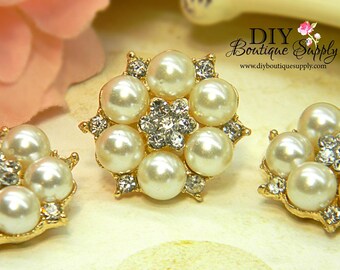 Beautiful GOLD Rhinestone Pearl buttons Flatback Embellishment flower centers Headbands invitations crystal bouquet 5 pcs 26mm 404042