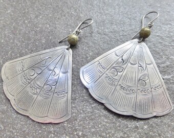 Antique Silver Tin Large Etched Scalloped Fan Tribal Earrings With Earthy Olive Green Czech Glass Beads - Hypoallergenic Titanium Ear Wires