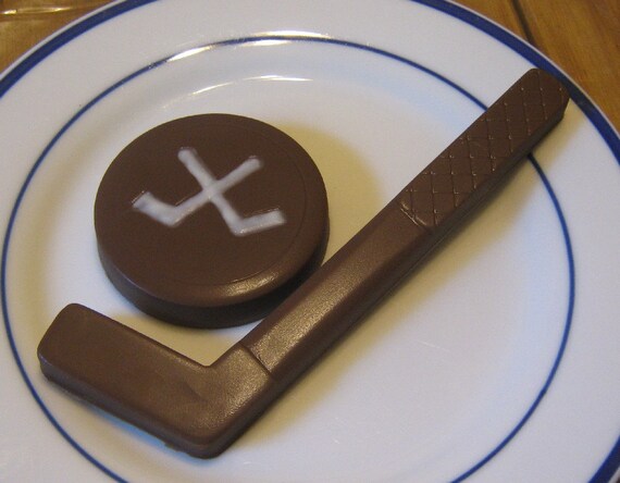 Solid chocolate hockey stick and hockey puck