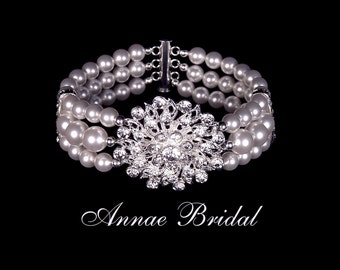 Bridal jewelry, white pearl and rhinestone bracelet, wedding, silver, "Dazzling Desire" bracelet