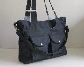 Sale - Black Canvas Bag - 3 Compartments - diaper, messenger, shoulder bag, gym bag, front pockets