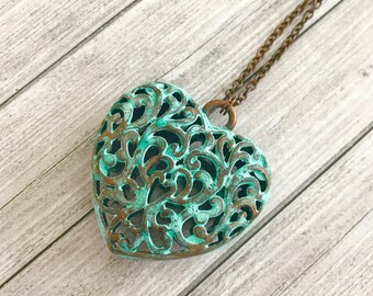 Heart necklace - Copper patinated heart pendant - Eco Friendly Love Gift - Lovers Gift - Rustic Primitive - Oxidized Copper heart