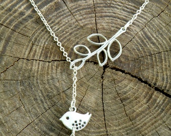 Lariat necklace silver chain necklace mint bridesmaid gift bird necklace bridesmaid jewelry xmas gift/for/mom branch necklace leaf necklace