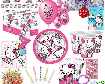 Hello Kitty Party Kit For 8 Guests With Pre Filled Party Bags, Pass The Parcel, Banner, Balloons & Tableware Set With Downloadable Games