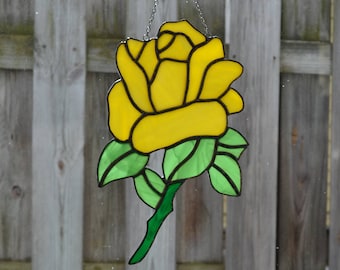 Stained Glass Yellow Rose With Leaves And Stem