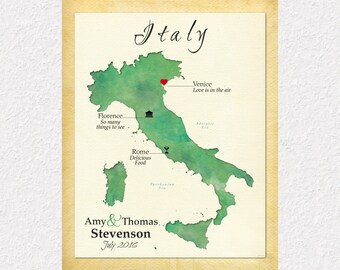 Personalized Wedding Gift, Anniversary Gift, Map Art of Italy, Gift for Couple, Travel Map of Italy, Gift for Spouse, Travel Gift