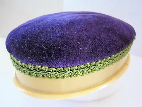 Celluloid Sewing Cushion, Sewing Collectible, Ivory Celluloid, Vintage Pin Cushion, Purple Velvet Top, Hat Pin Cushion