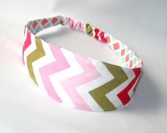 Adult Headband, Womens Headband, Fabric Headband, Reversible Headband for womens, Women Hairband Pink Chevron, Hair Fashion Accessories