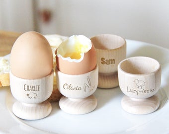 Personalised Egg Cups, Easter Egg Cups, Wooden Egg Cups with Names, Birthday Gift for Kids, Engraved Wooden Egg Cup, Gifts for Kids