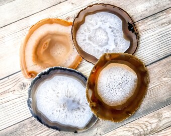 Large Natural Agate Coasters Natural Geode Coasters Set of Four - Earth Tone Brown and Gray Crystal Coasters Rock Coasters Stone Coasters