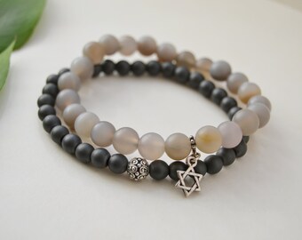 Set of 2 Gray Agate and Black Hematite Bead Bracelets for Woman 4 mm Hematite Jewelry Set 6 mm Agate Girl Gift Matte Gemstone Beads