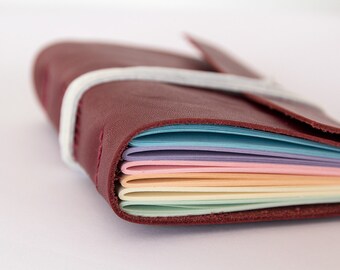 3x4" Leather journal, rainbow pages, travel journal, travel notebook, leather diary sketchbook, leather notebook, blank book, hand bound red