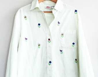 Button down vintage blouse, 1970s style blouse, vintage blouse, Large, Size 16, button front blouse, embroidered blouse, gift for her