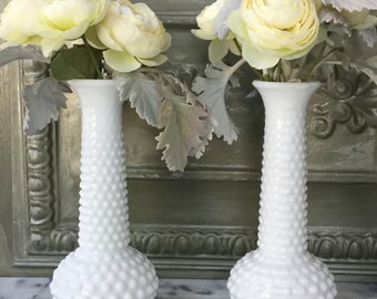 Milk Glass Bud Vases / Pair of Matching Hobnail Milk Glass Vases / E O Brody Bud Vases