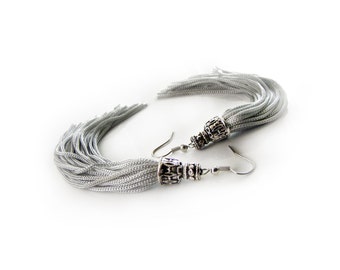 Grey Tassel Earrings, Long Silver Tassel Earrings, Statement Earrings, Boho Earrings, Tassel Jewelry, Bohemian Tassle Earrings