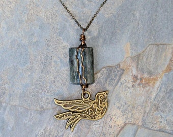 Reversible Bird Necklace, Kyanite Necklace, Long Blue Necklace, 2 in 1 Bohemian Bird Necklace, Natural Stone Necklace, Brass Necklace